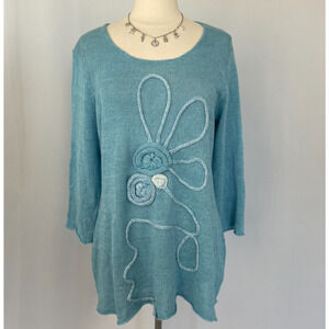 Grizas Sweater Size Large Blue Flower Abstract Linen Knit Loose Boho Lagenlook